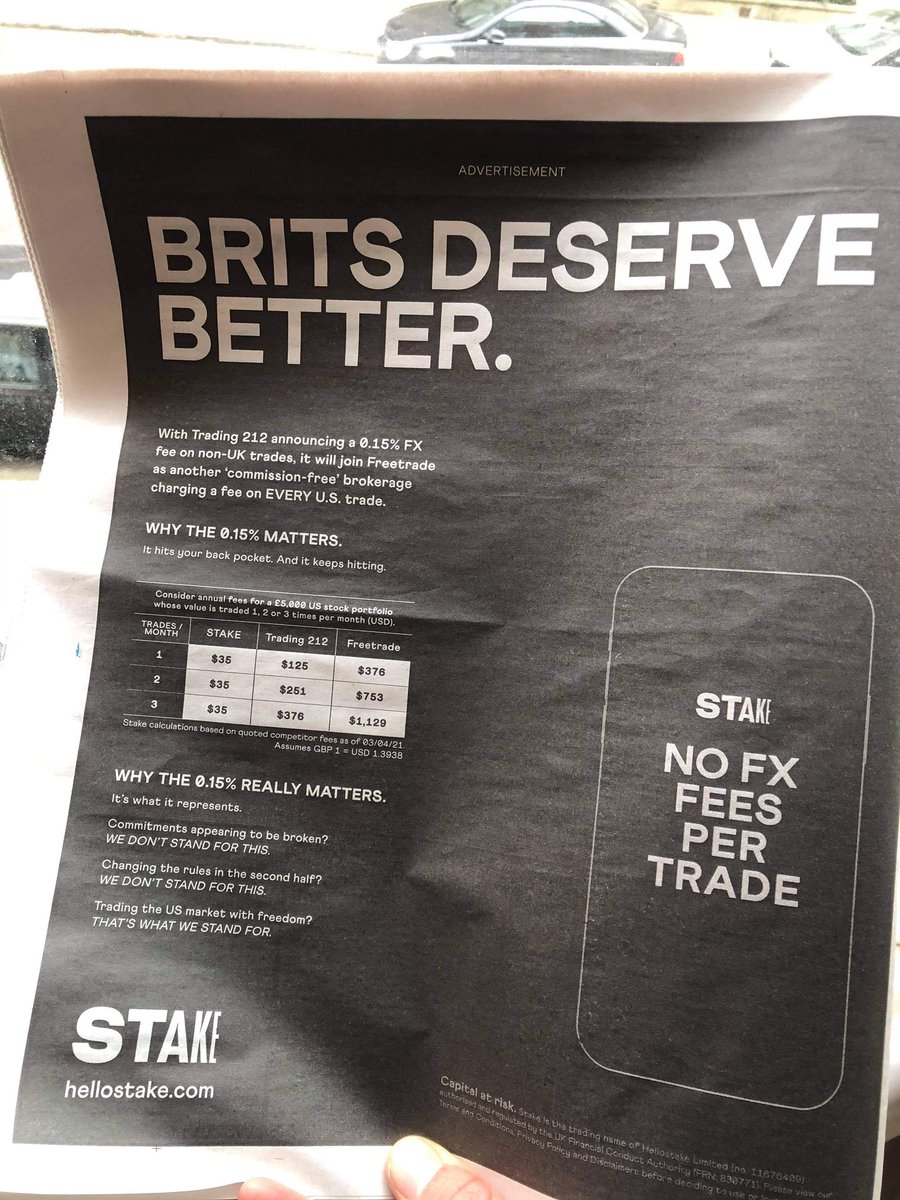 tm_stanton's tweet photo. @trading212 I saw @hellostake calling you guys out in the paper this morning for the new fees on trades haha Loving the competition @freetrade https://t.co/bT3oqi0oE6