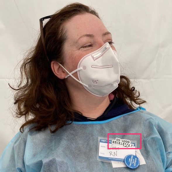 jenneviere's tweet photo. I got my first jabbyjab on Thursday. I brought my #DoGoodRecklessly stickers with, and handed them out to my carers, who immediately affixed them to their name tags. [photo taken and posted with permission from the gentlest RN, Eileen] https://t.co/02tUq8hjjg