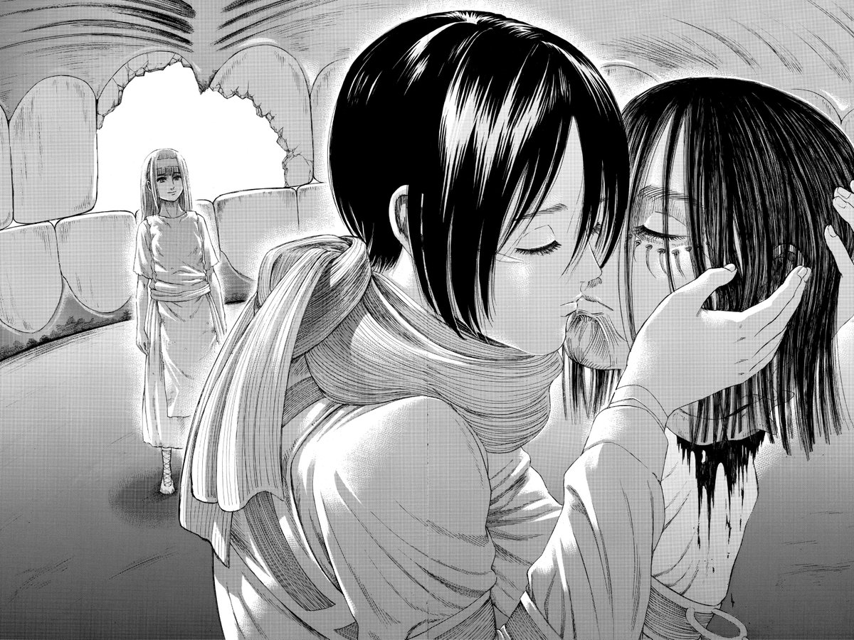 Moving to the second one. Eren basically wanted Ymir to remove the curse and titan powers after Mikasa set her free from the agony of her obsessive love for King Fritz that lasted over 2000 years by showing Ymir her idea of love