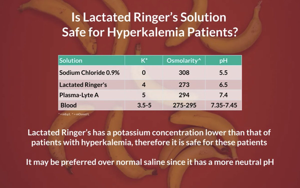srrezaie's tweet photo. Is Lactated Ringer's Solution Safe for HyperK+ Pts? via @PharmERToxGuy https://t.co/jHxx4mbRH1 #FOAMed 

LR has a [K+] lower than that of pts with hyperK+...Therefore it is safe for these pts https://t.co/2S0EAAdDju