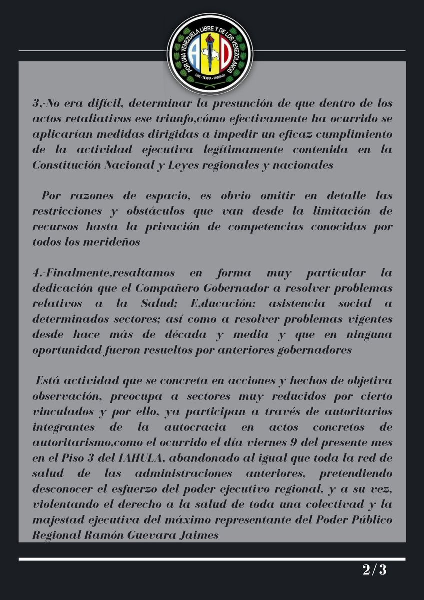 PartidoADMerida's tweet photo. #10Abr #IMPORTAMTE El Comité Ejecutivo Seccional (C.E.S) de Acción Democrática del Estado Mérida, se dirige a todos los merideños y residentes en el, con la finalidad de exponer los siguientes puntos de vista y oportuna posición pública https://t.co/DvcTdqSuXi