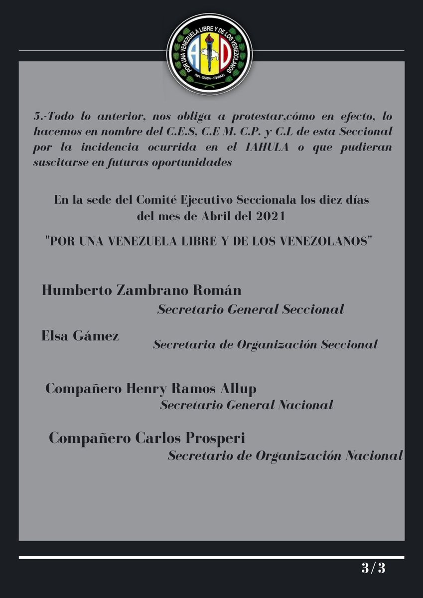 PartidoADMerida's tweet photo. #10Abr #IMPORTAMTE El Comité Ejecutivo Seccional (C.E.S) de Acción Democrática del Estado Mérida, se dirige a todos los merideños y residentes en el, con la finalidad de exponer los siguientes puntos de vista y oportuna posición pública https://t.co/DvcTdqSuXi