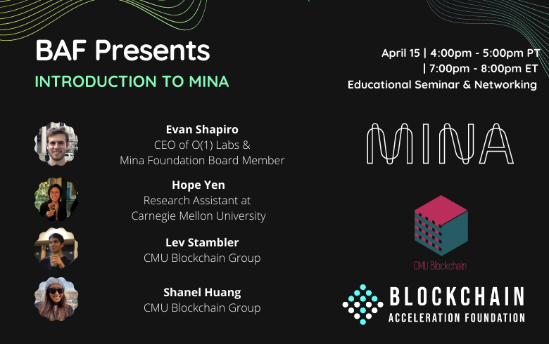CMUBlockchain's tweet photo. Bitcoin's public ledger fills an entire hard drive and is still growing, but @MinaProtocol's will always fit in a single tweet. Join us at 7PM ET this Thursday, to find out how with @evanashapiro, CEO of O(1) Labs &amp; Mina Foundation Board Member!

https://t.co/jttpk5DZad https://t.co/dibRNW6RTa