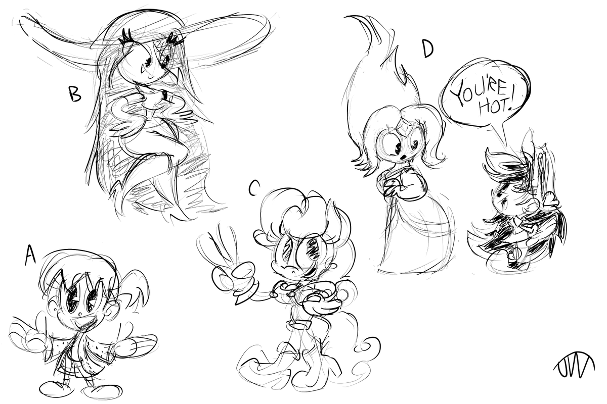 Live stream requests from earlier this month.

A. June from Kablam!
B. Marceline the Vampire Queen from Adventure Time.
C. Sonic style anthro Carrot Top
D. Flame Princess from Adventure Time and Zally from Think Ink 