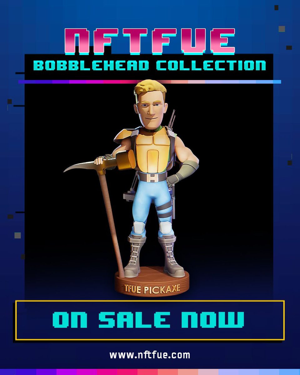 NFTfue's tweet photo. 🚨 The NFTFUE BOBBLEHEADS ARE NOW ON SALE 🚨  With only 60 minutes left in the auction @TTfue is releasing 100 bobbleheads of each character at https://t.co/BZ3layV4I4  Grab them now before they all sell out!! https://t.co/qN3kBHFjUE