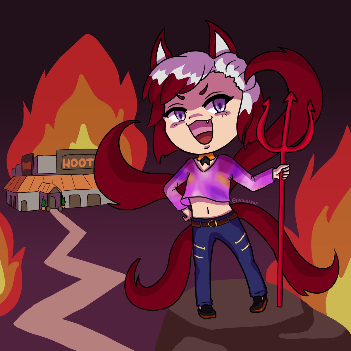 Akumu_Akko's tweet photo. Ah, how truly demonic, thank you for the art @LagunaPup it’s amazing, I look truly demonic in front of my workplace! don’t ask why it’s burning down! Please follower her, she has amazing content and art 😈🔥🤩 #VtuberEN #Hellpups https://t.co/UMIp1n6Jfu