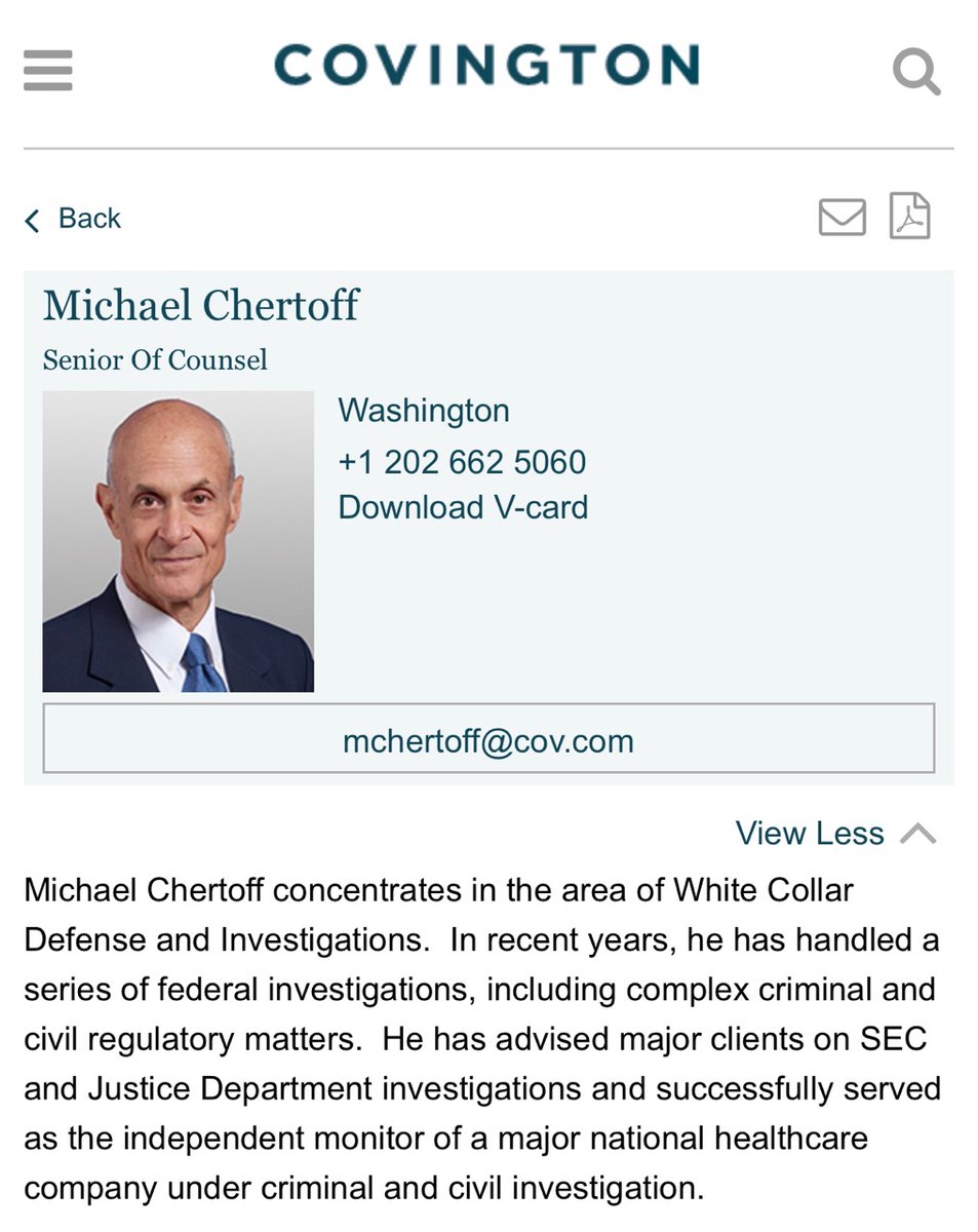 Michael Chertoff, former Sec. of DHS, senior counsel at Covington & Burling.If you own a Chinese company that is being sued for stealing IPs or banned over military ties, call Chertoff: https://twitter.com/BenjaminT0001/status/1371627164953550854?s=19