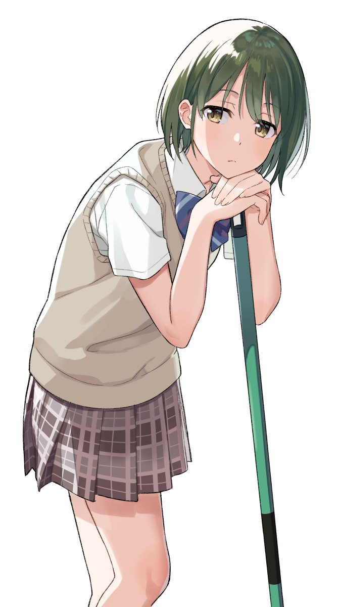 1girl solo skirt green hair white background short hair school uniform  illustration images