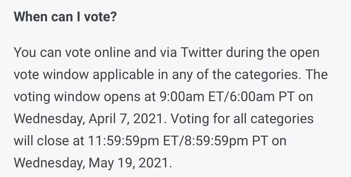 first here are the rules:- maximum number of votes is 50 tweets/rts per category per day- time period: 9am ET 7th April - 11:59pm ET 19th May- accs must be public and have more than 50 followers - one artist and one category per tweet- must use correct hashtags