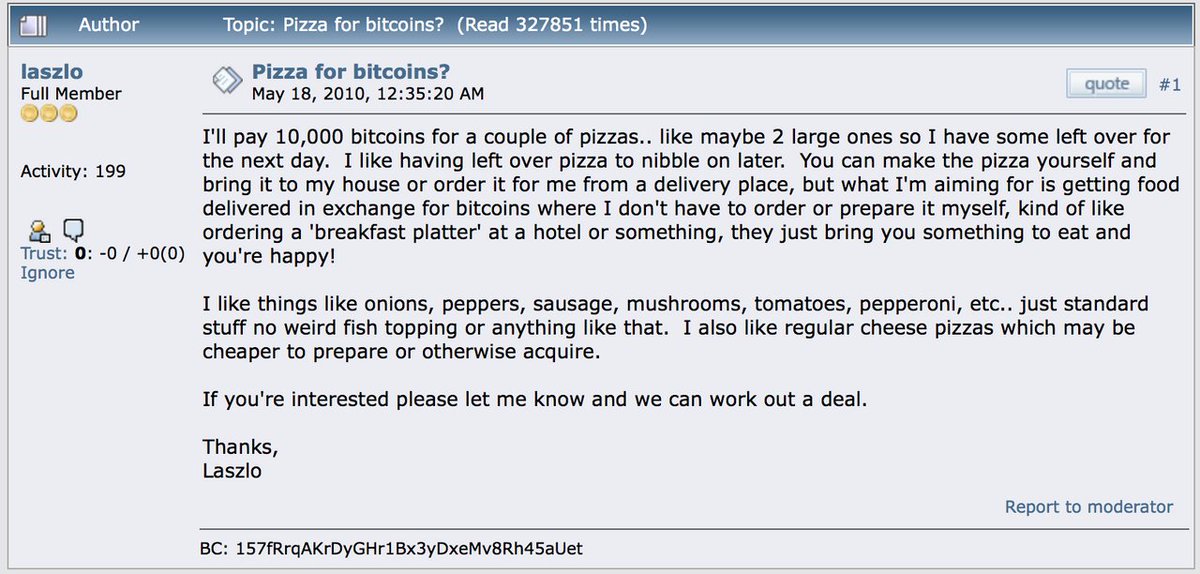 Most of the early posts and conversations about  #Bitcoin   took place on the website called BitcoinTalk.Here's a few of the most fun and insightful of them:1/ Buying a pizza for 10,000 bitcoin