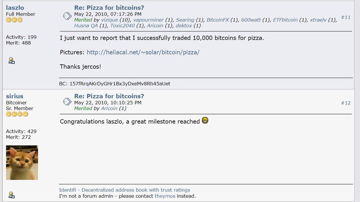 Most of the early posts and conversations about  #Bitcoin   took place on the website called BitcoinTalk.Here's a few of the most fun and insightful of them:1/ Buying a pizza for 10,000 bitcoin