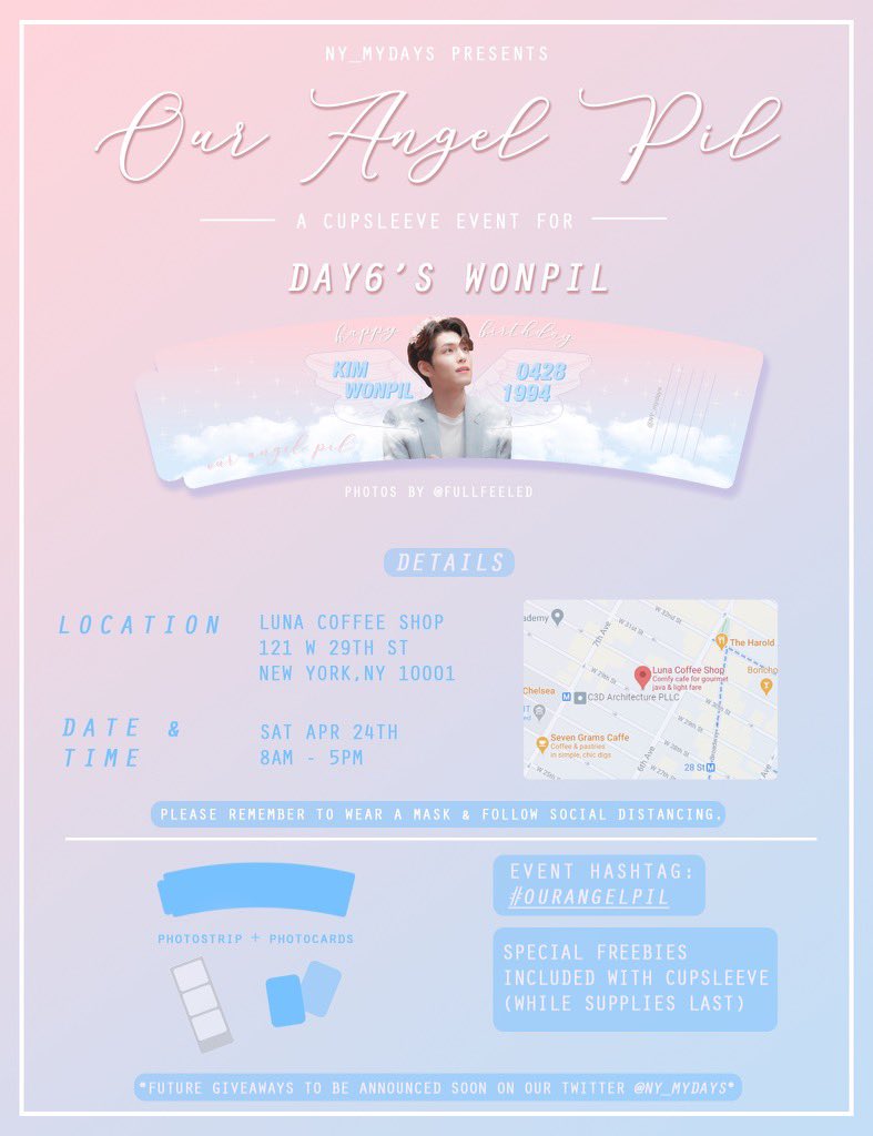 NY_mydays's tweet image. 🌸❕ #OurAngelPil ❕🌸
Is here! An NYC cupsleeve event for DAY6’s Wonpil!🐰💝

📍Luna Coffee Shop
📆April 24th, 2021
⏰ 8am - 5pm

Can’t wait to see you there!! ✨

#DAY6 #데이식스