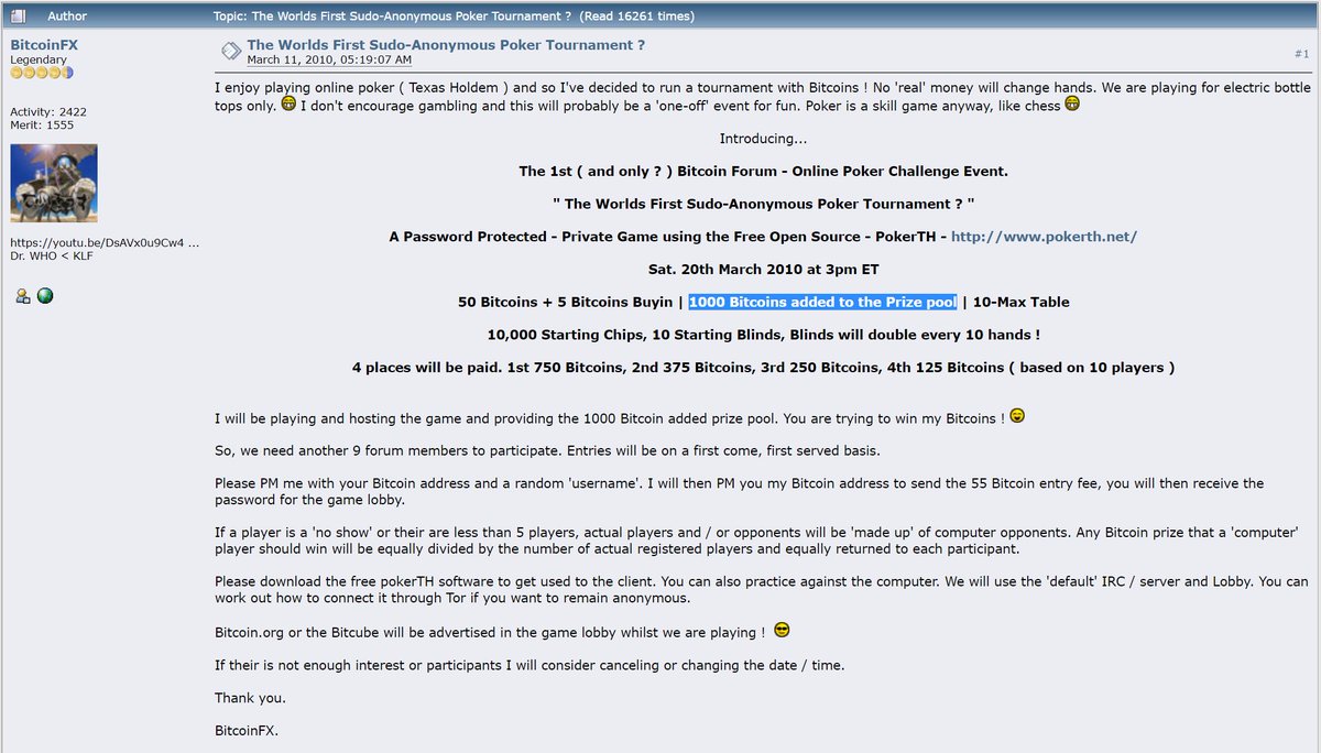 6/ The world's first pseudonymous poker tournament took place eleven years ago.The prize was 1,000 bitcoin.Today, that's a $50 million prize pool.