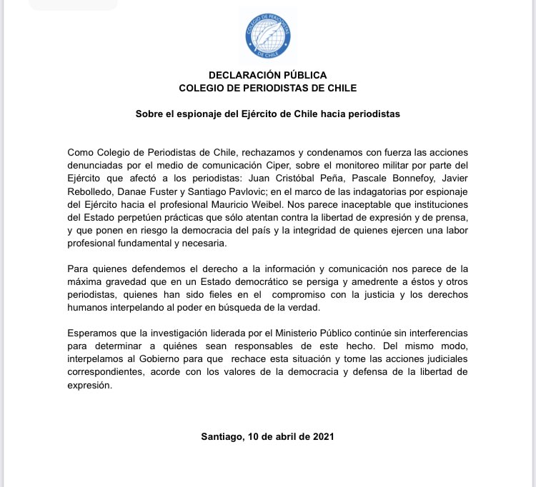 📢Declaración pública de <a href="/ChilePeriodista/">Colegio Periodistas de Chile</a> frente al espionaje y monitoreo militar del Ejército de Chile hacia periodistas. #InformarNOesDelito #LibertaddeExpresión #LibertaddePrensa #DerechoalaComunicación