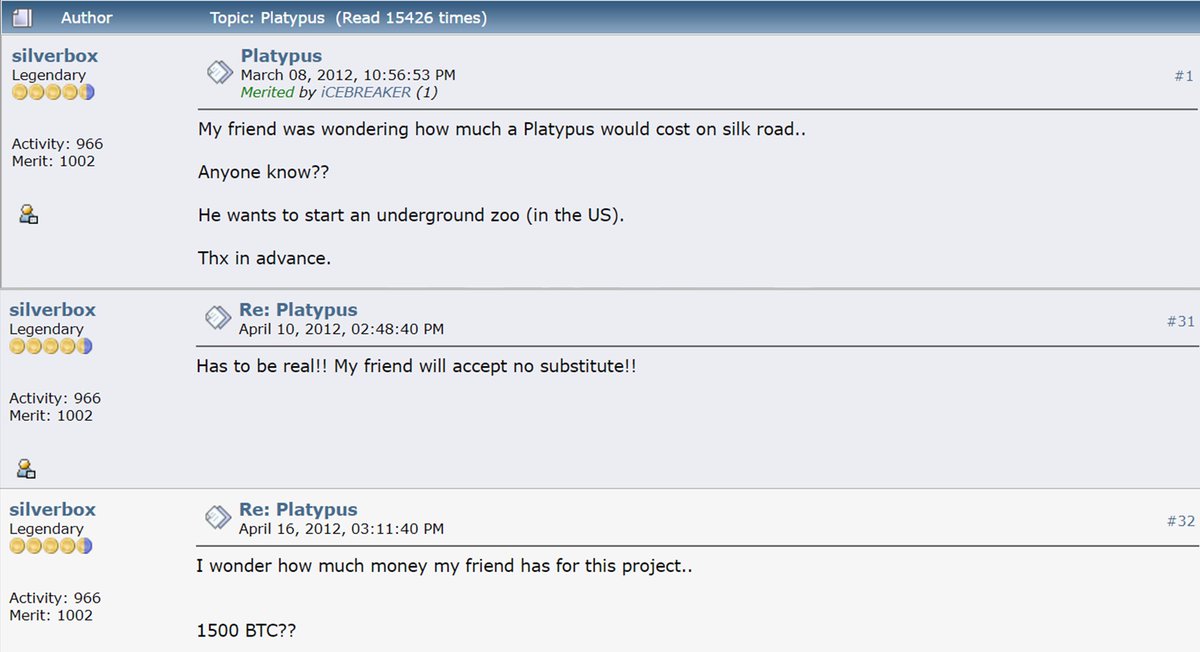 12/ This user tried to buy a Platypus for 1,500 bitcoin in 2012. Today, that's over $86 million.
