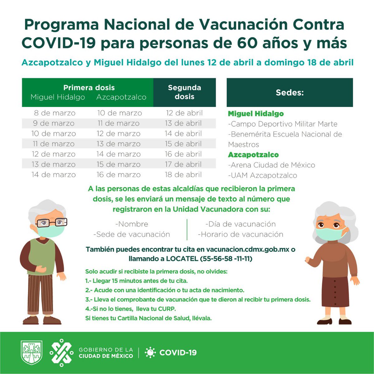 Mucha gente tiene dudas en las fechas de vacunación de Miguel Hidalgo y Azcapotzalco, si les sirve, aquí les dejo la imagen corregida por el Gobierno