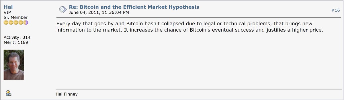 14/ Hal Finney posted this when the price of bitcoin was only $11.