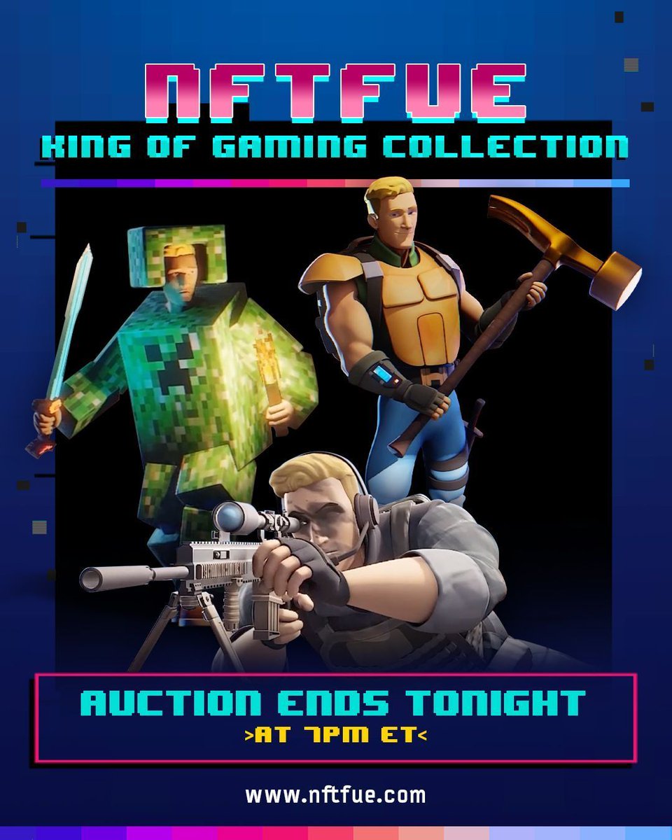 NFTfue's tweet photo. ⏰ Time is running out to get your bids in for the NFTfue King of Gaming Collection! ONLY 1 HOUR LEFT! Auctions end tonight at 7pm ET tonight! https://t.co/EmpeR8ShjS #NFT https://t.co/h8qdmSpgmB