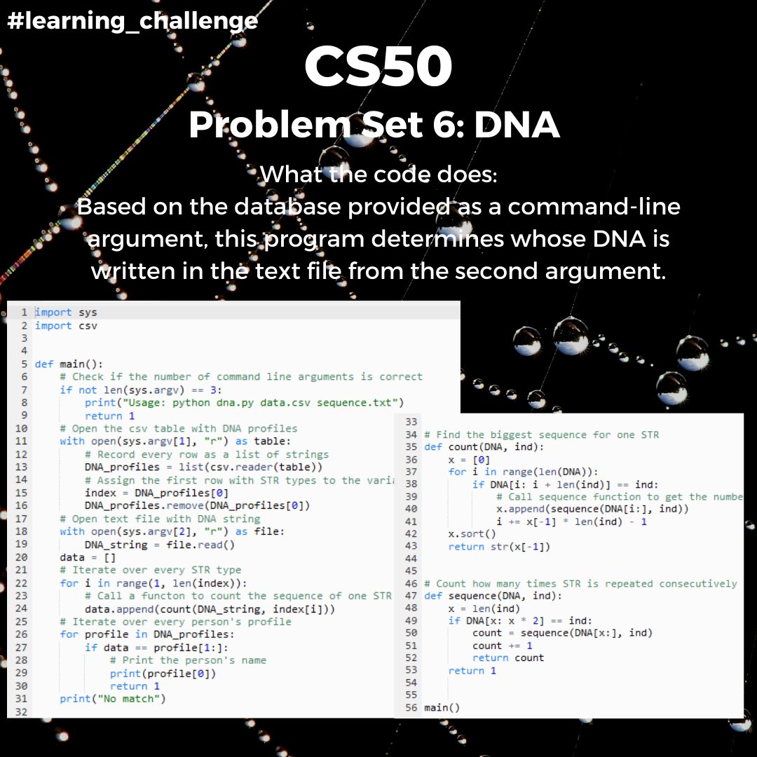 Dziyana9's tweet image. #CS50 Problem Set 6 : check ✅
That was the last exercise from Week 6 and the last exercise about #Python. Next week I'm going to work with SQL ( ╹▽╹ )
#learningprogramming #learning_challenge #learntocode #computerscience