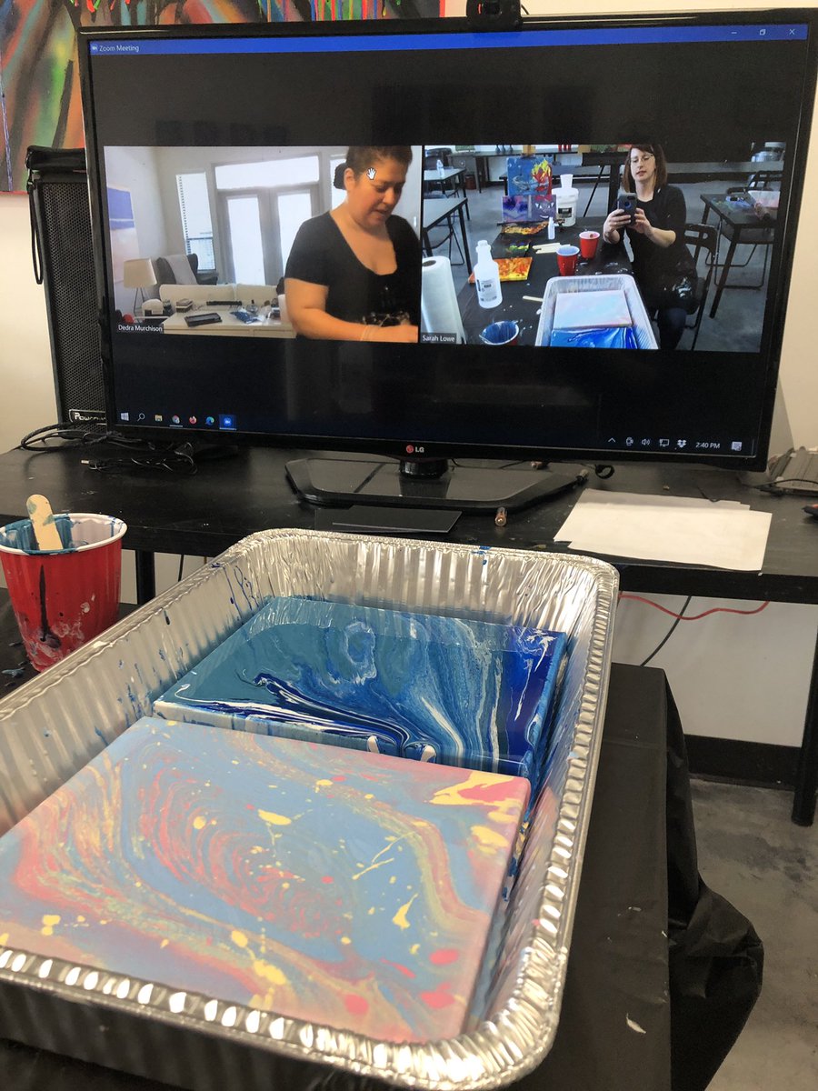 artcellarhou's tweet photo. This afternoon....a little zoom! #painting #zoomartclass #artcellarhouston #makeityourown #artishappiness #thingstodoinhouston #paintingparties #artparties #acrylicpouring #acrylicpour #acrylicpaint #liquitexpouringmedium https://t.co/geXYjN7ymV