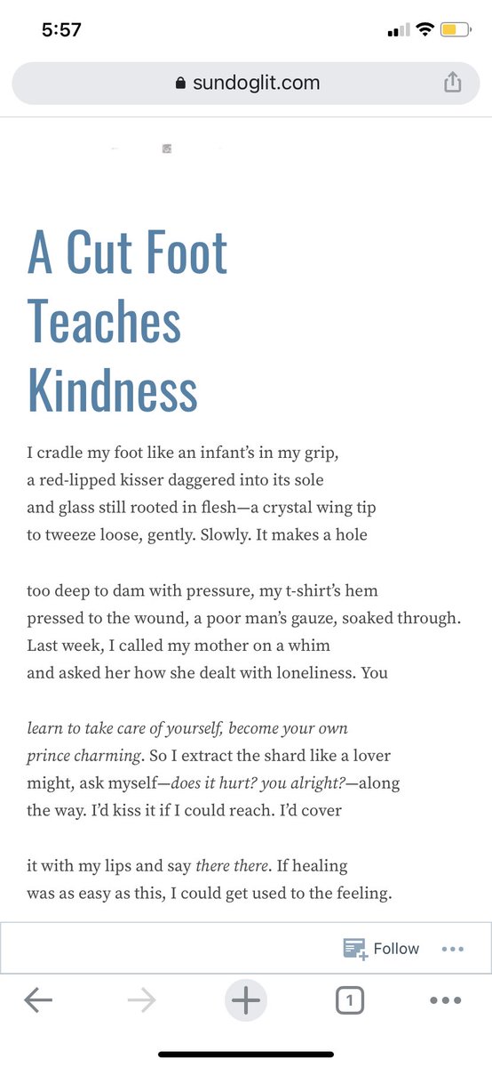 9/30: “A Cut Foot Teaches Kindness” by  @TaylorByas3 . There are lots of fire poems by Taylor, but this gentle one is full of reminders I need at the moment.