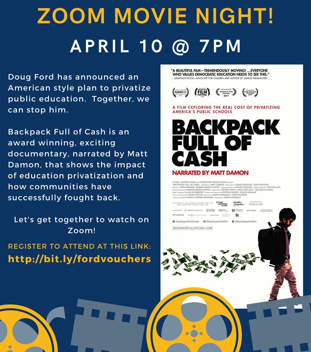 Last call for anyone who wants to join us for a Zoom screening of Backpack Full of Cash tonight at 7pm. It will be a nice opportunity for us to get together, sit back & relax with a great movie. Register to attend here: us02web.zoom.us/meeting/regist… #OSSTF #ETFO #OECTA #AEFO #CUPE