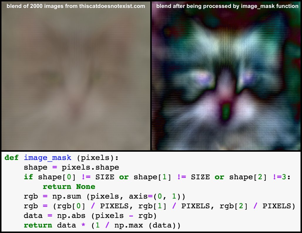 We blended 2000 GAN-generated cat pics and altered the color scheme so that each pixel's brightness corresponds to how different that pixel's color is from the average color of the image. This reveals various horizontal and vertical bands in the GAN-generated cat images.