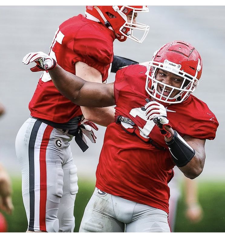SpartanAthletic's tweet photo. @AthensAcademyFB @kurtknisely leaps in celebration of his TD reception during today’s UGA scrimmage. 
He seems to be having a great spring!  Proud for you, Kurt! 
@DawgNation https://t.co/LOdoqamPP0