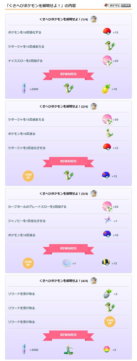 ポケモンgo攻略情報 ポケマピ ツタージャのコミュニティ デイの有料スペシャルリサーチ くさへびポケモンを解明せよ のタスクとリワードの内容が確認されています ツタージャのコミュニティ デイ開催期間 21 4 11 日 11時 17時 T