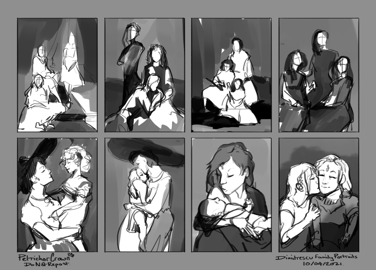 Some composition sketches for some portraits of the Dimitrescu family. I like the idea of them being really close #REBHFun #REVillage 