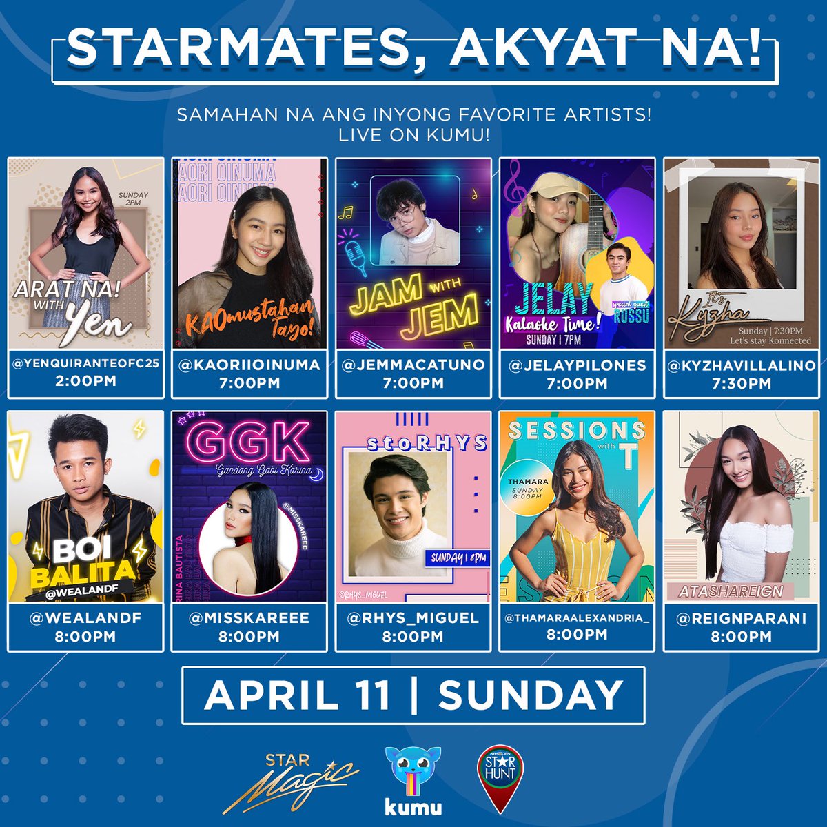 starhuntabscbn's tweet photo. ✨Have a blessed Sunday, Starmates! Akyat na sa Kumu livestreams ng inyong favorite Star Hunt artists! https://t.co/8O9WyBQZaM