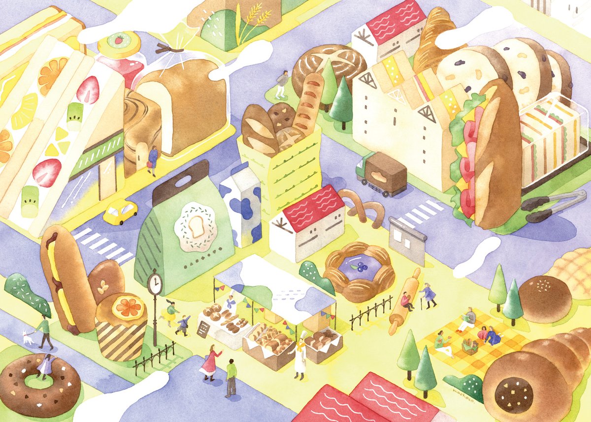 machoco_bo's tweet photo. スキャンして加工して完成！
パンの街。
.
#水彩 #水彩イラスト 
#イラスト #Watercolor
#illustration https://t.co/DmXHty9LqP
