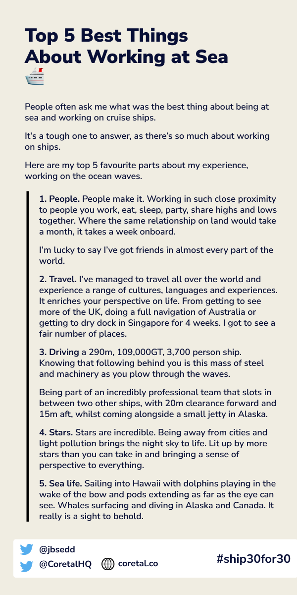 I worked at sea straight out of college. Joining the Merchant Navy at 18. 

It was a experience unlinke any other and has put me where I am in life today.

It’s a side not many people get much insight into. 

I’ve listed my top 5 favourite things about working at sea. 

Take a 👀