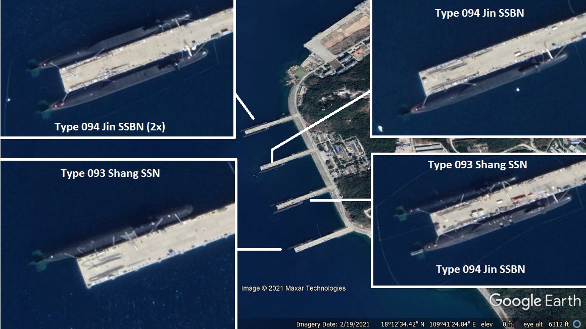 February 19th, 2021  @maxar /  @googleearth pass over  PLA Navy's Yulin Submarine Base on Hainan Island. Four Type 094 Jin-class SSBNs and Two Type 093 Shang-class SSNs are visible. The Shangs measure 110m while the Jins are 130m in length.