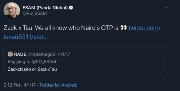 Figures 4 - 6 (March, April 2017): Pereden tweets that the Nairo x Zack "ship" is "canon," asks Zack, a 15-year-old boy, what his preferred partner between two adult options is. ESAM makes a tweet implying Nairo ships Nairo x Zack, i.e., wants to be with him romantically/sexually