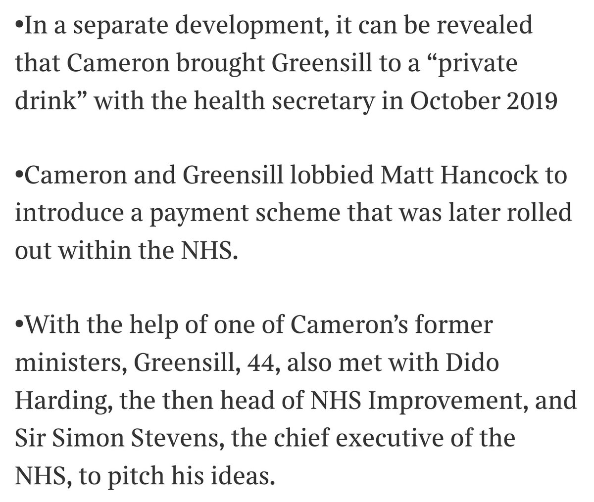 Da fuck?! https://www.thetimes.co.uk/article/david-cameron-lobbied-no-10-and-hancock-for-greensill-nht3x2c5z @MattHancock, Simon Stevens, Chief Executive of  @NHSEngland, and  @didoharding, Chair of  #NHSImprovement (now merged with  #NHSE) in  #corrupt  #Greensill deal with  @David_Cameron? #Oligarchy 2.0...