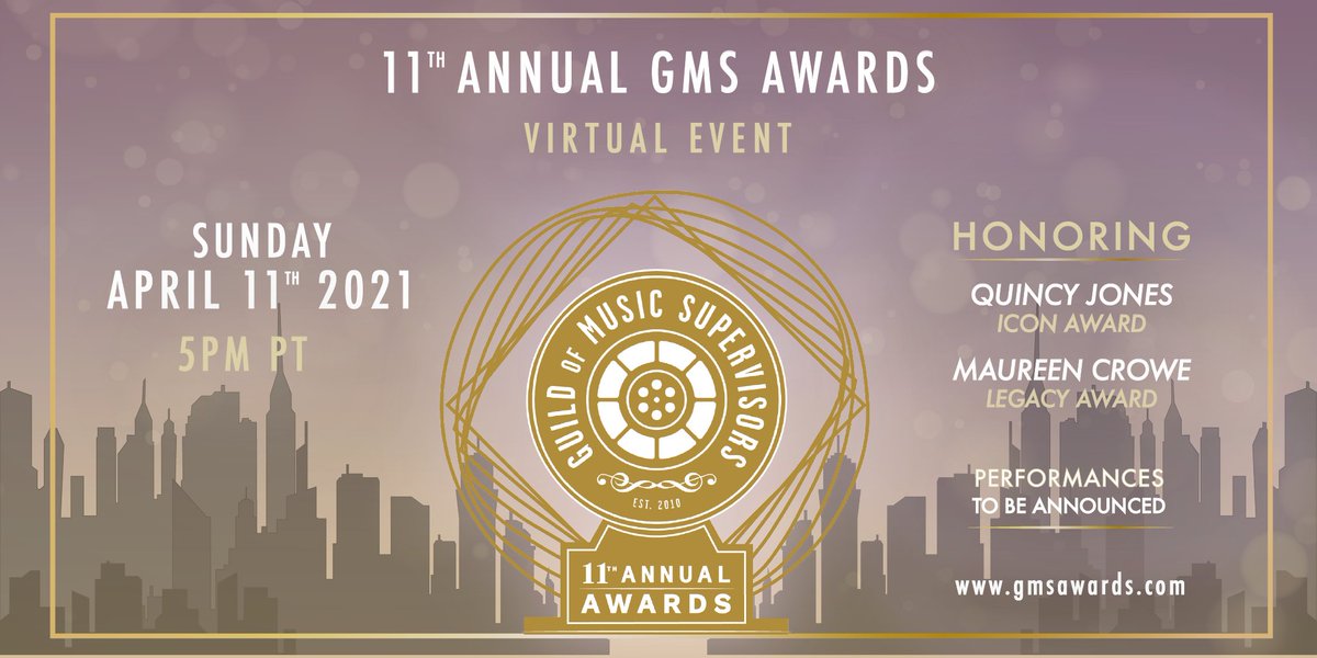 Less than 24hrs until showtime!

Hope to see you at the #GMSAwards
bit.ly/GMS-Awards-Tix
 
11th Annual GMS Awards
Sunday, April 11th, 2021 at 5:00PM PT 
 
#MusicSupervisors #AwardsSeason #MusicSupervision #guildofmusicsupervisors