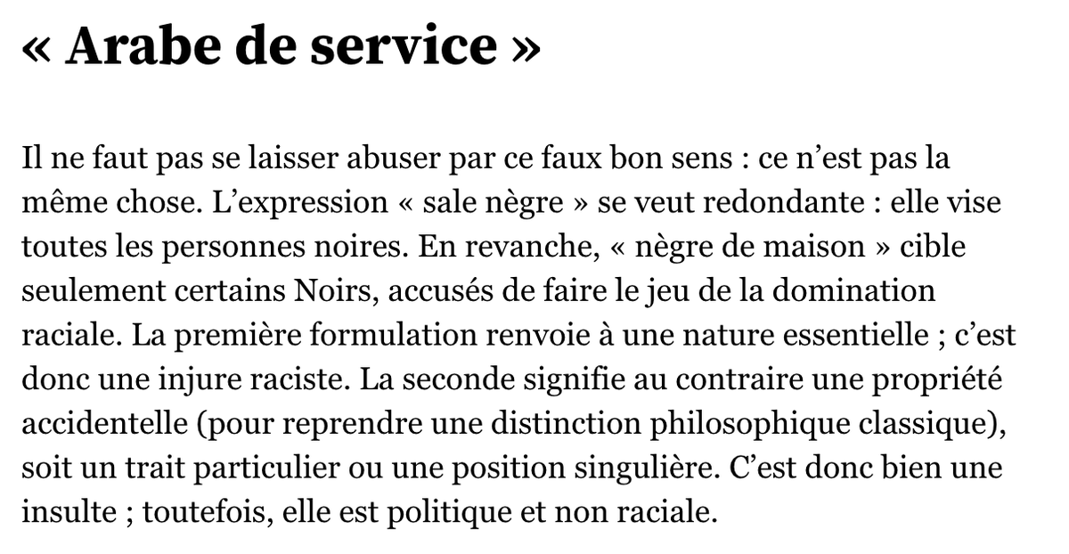 AbdoulayeK3's tweet photo. Je viens de lire cette tribune d'un certain #EricFassin de @lobs...Alors ce monsieur explique effectivement que le terme "sale nègre" est bien raciste envers les personnes noires mais en revanche "arabe de service" et "nègre de maison" sont des (propriétés accidentelles)...⬇️ https://t.co/XpGAmsBwdq