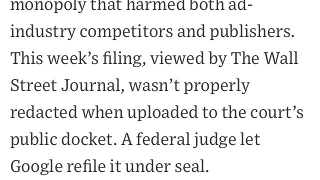  , Google, a company with more lawyers, lobbyists, communications people and money than anyone made a clerical error and leaked out sensitive information about its alleged collusion and bid rigging. /1  https://www.wsj.com/articles/googles-secret-project-bernanke-revealed-in-texas-antitrust-case-11618097760