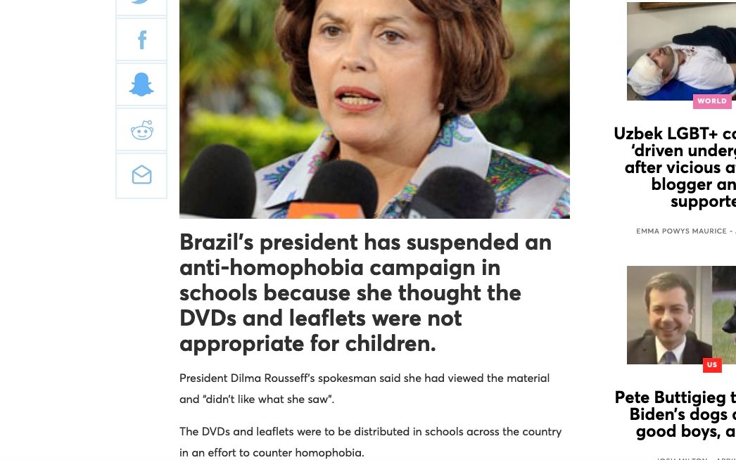 11./ In 2011 Dilma Rouseff, Lula's successor, just wanted to get elected. When she saw proposed LGBTQ+ sex education materials for schools she withdrew them but was denounced by Queer activists who said she should be boycotted; despite her opponent being openly homophobic.