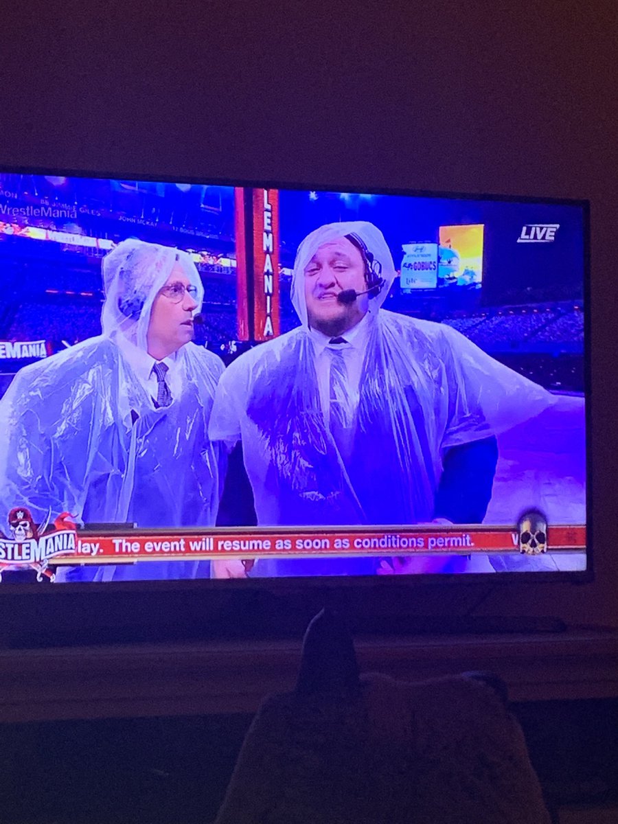 WardWrestlinEnt's tweet photo. So Wrestlemania wont be hosted across the pond because of the weather over here 🤔🤔 #WrestleMania  ☔️ https://t.co/1WXCOztLYh