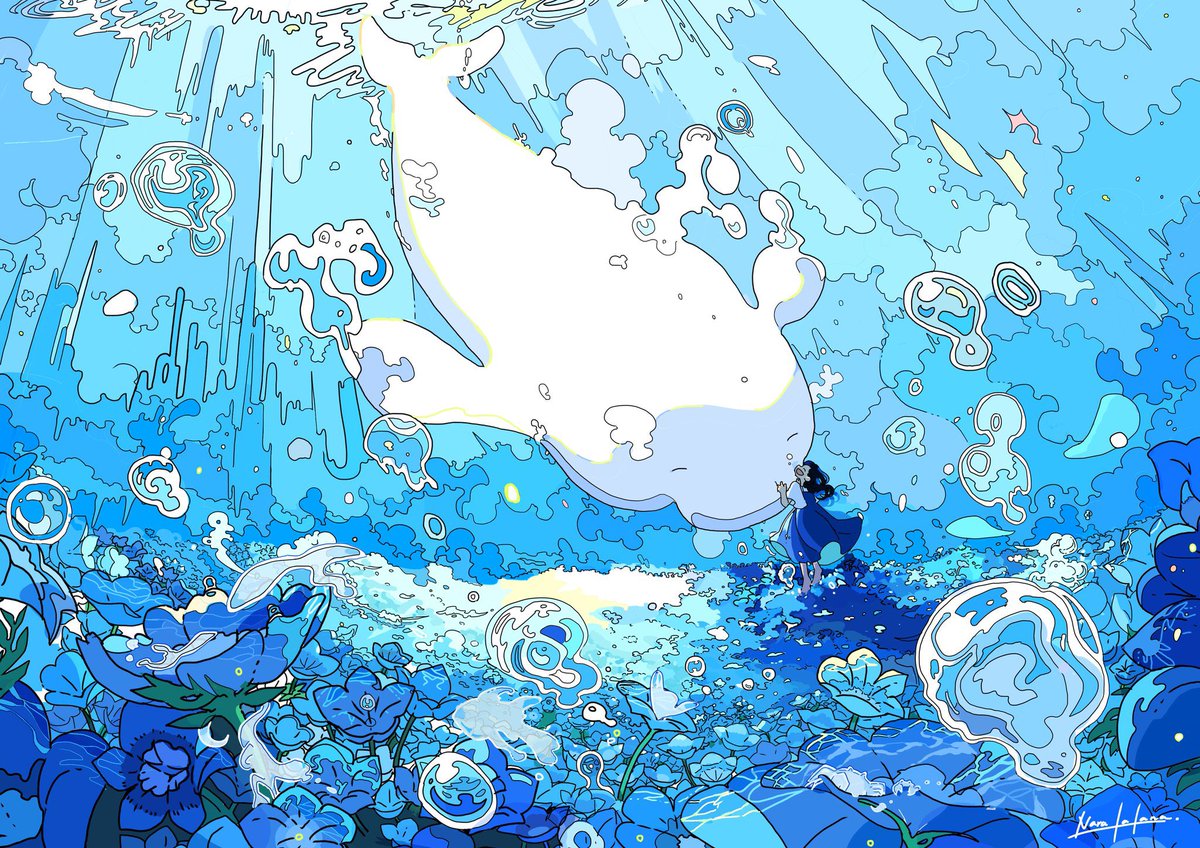blue theme 1girl bubble underwater whale fish scenery  illustration images