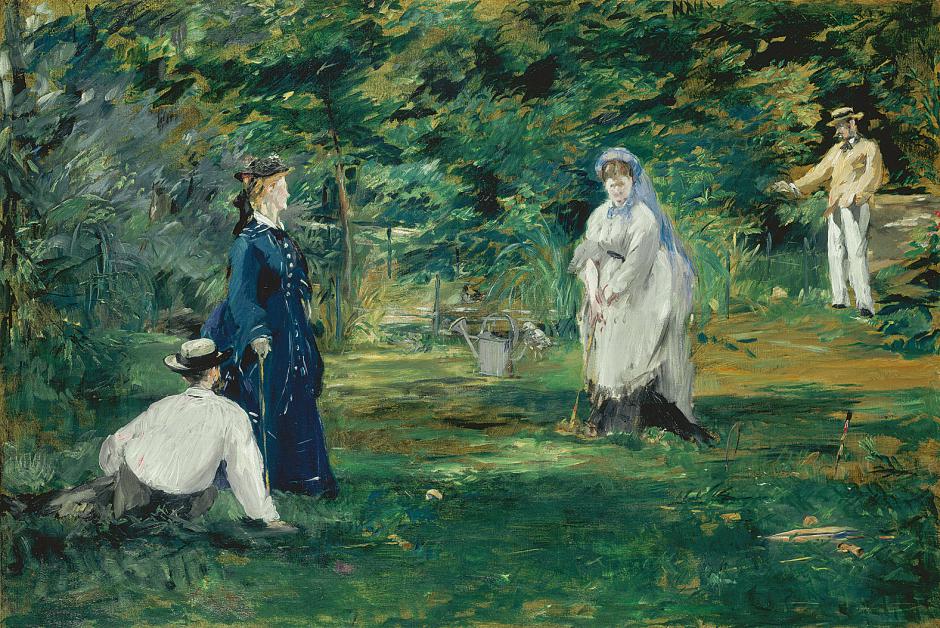 I suppose it's not impossible though? Here's how Manet depicted Stevens in 1873, standing in his own garden off to the right.I just think the model in Chez Tortoni looks younger, and less confident than the social butterfly and very famous painter at the time Alfred Stevens.