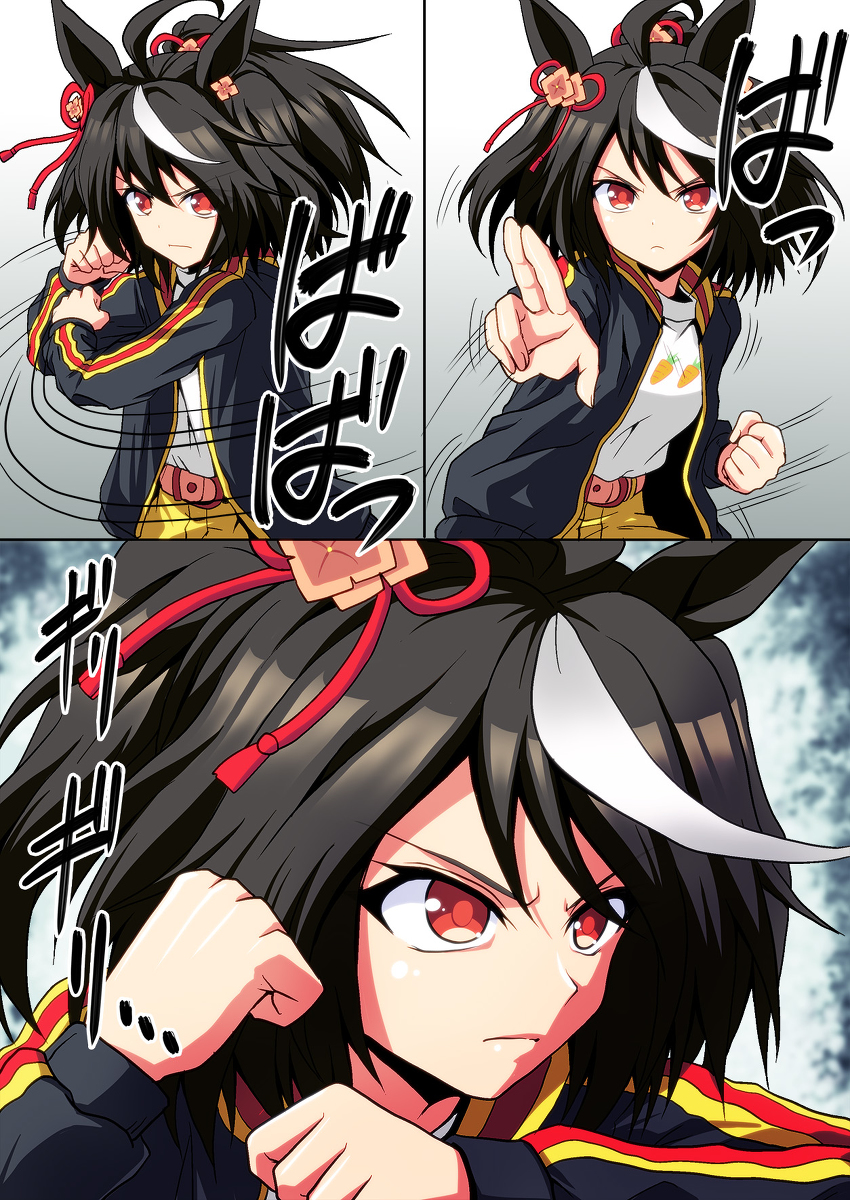 kitasan black (umamusume) animal ears horse ears red eyes black hair 1girl jacket horse girl  illustration images