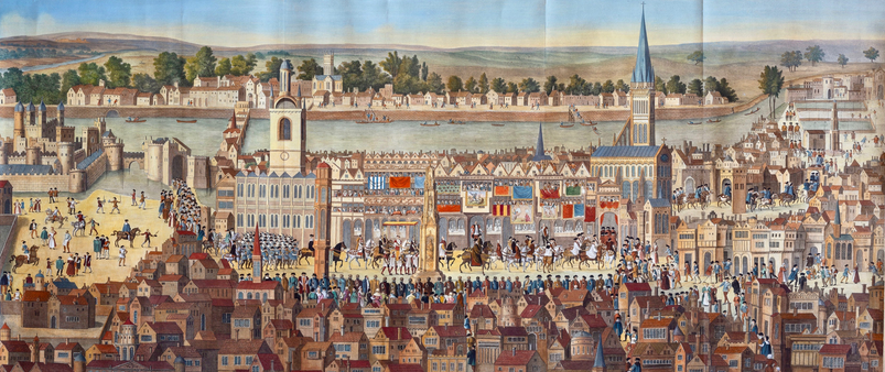 The population of London quadrupled from 50,000 in 1500 to 200,000 in 1600. With the Thames the major conduit, urban growth increasingly straggled along the river’s banks. Here Edward VI processes from the Tower to Westminster for his coronation, past St Paul's & Charing Cross.