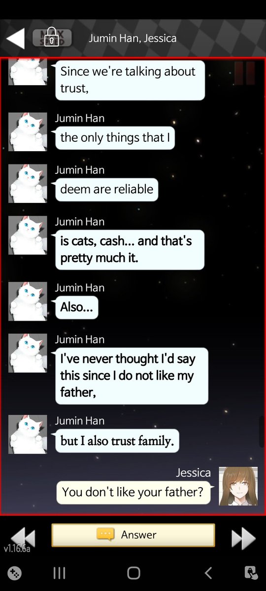 In Jumin's route, Jumin says that he and his father are close. Aside from Mr. Chairman's womanizing, Jumin seemed rather fond of his father. But here, he says he dislikes his father! What's up with that?