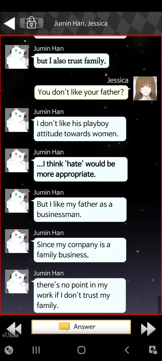 In Jumin's route, Jumin says that he and his father are close. Aside from Mr. Chairman's womanizing, Jumin seemed rather fond of his father. But here, he says he dislikes his father! What's up with that?