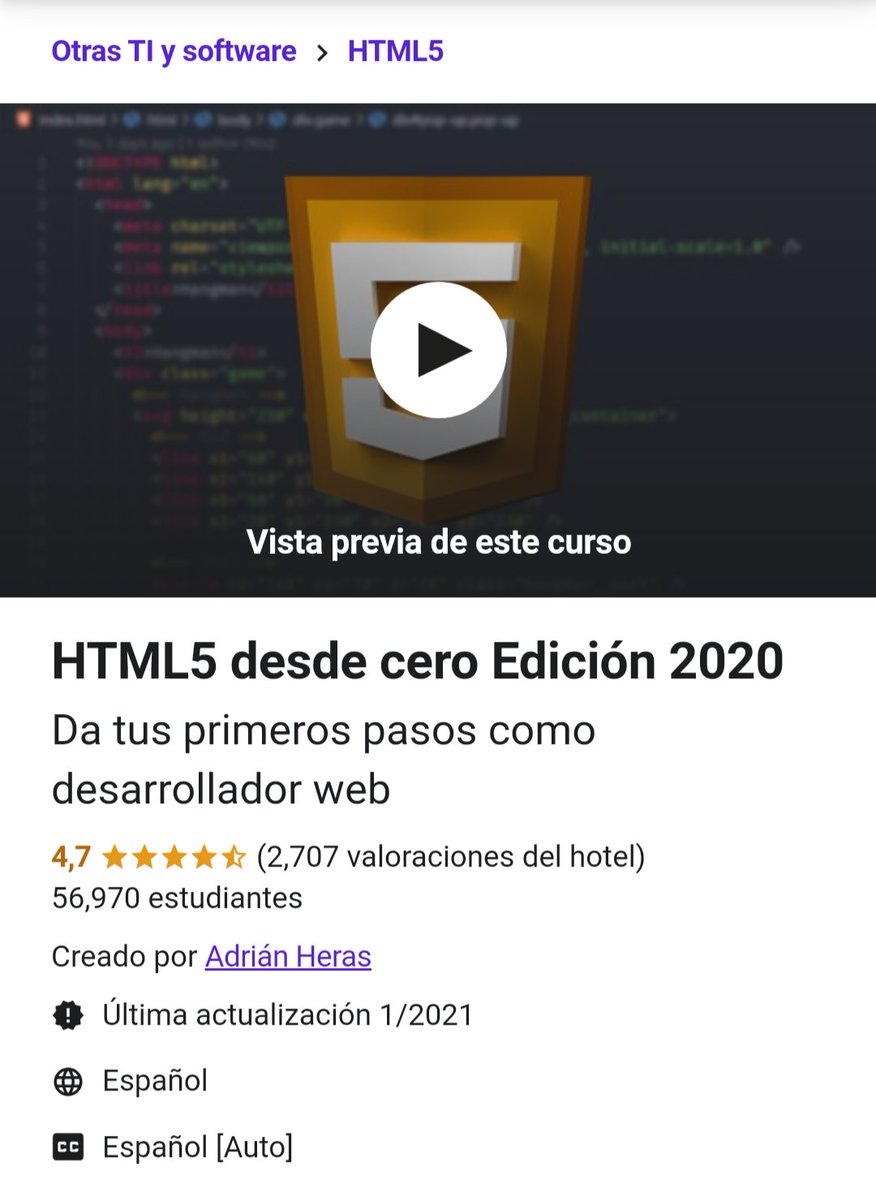 BondioDuko's tweet image. CURSOS: BUENO CAPOS, LES DEJO CURSOS TOTALMENTE GRÁTIS CON CERTIFICADO. 
RT ASÍ APRENDEN ALGO QUE SIRVA.

CURSO DE HTML DESDE CERO, CERTIFICADO Y EN ESPAÑOL:
udemy.com/course/html5-e…