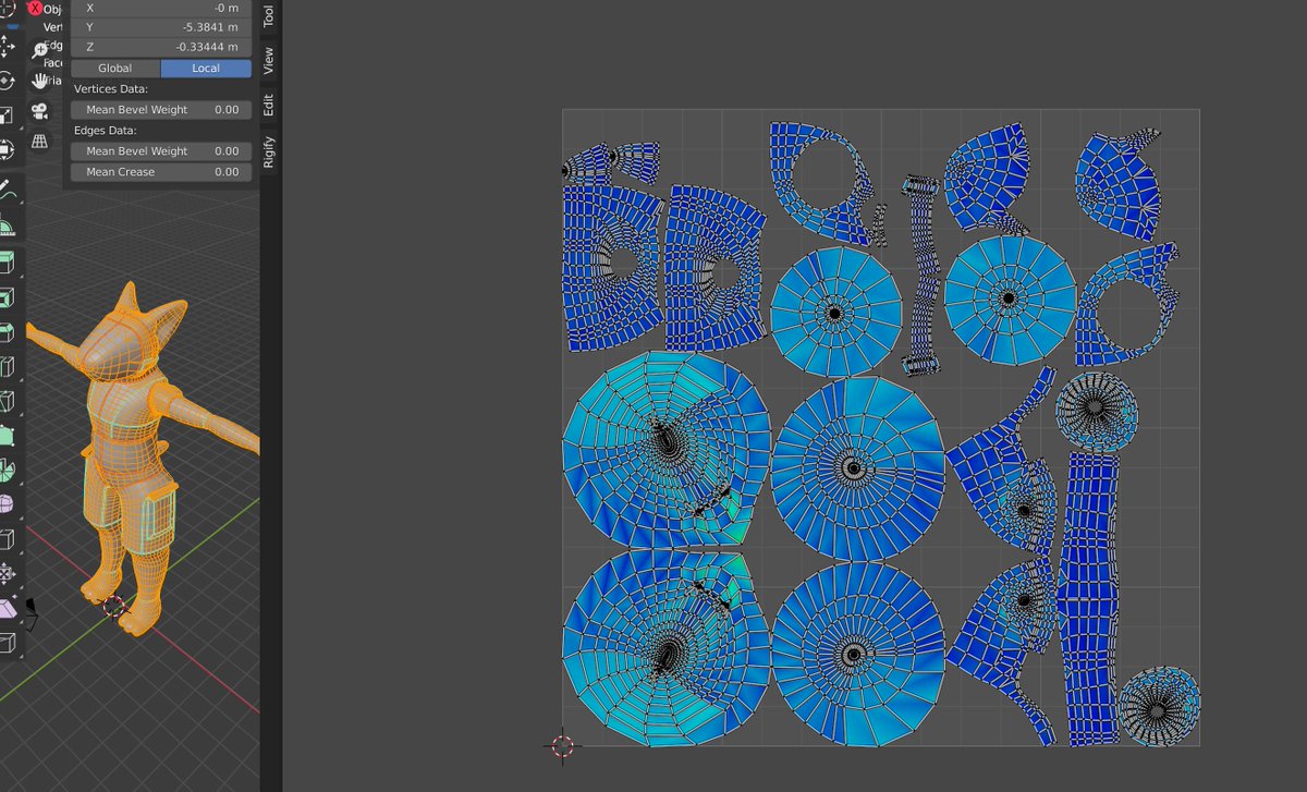 Been cutting seams for a little. What you're looking at is that UV map I was talking about before. The color coding there is showing stretch, or how much parts are being deformed to become flat. Everything should be a deep blue color, so I've got a ways to go haha