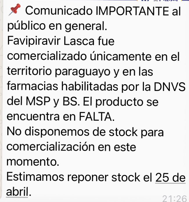 oscardelgado60's tweet image. COMUNICADO DE LABORATORIOS LASCA. Ante la existencia de personas inescrupulosas que están ofreciendo éste medicamento FAVIPIRAVIR Lasca a precios irreales pretendiendo estafar a la ciudadanía utilizando indebidamente el nombre de la compañía, se pone a conocimiento público👇👇👇